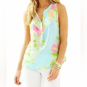 Lilly Pulitzer Stacey Floral Sleeveless Blouse - Blue and Pink, 100% Silk, XXS